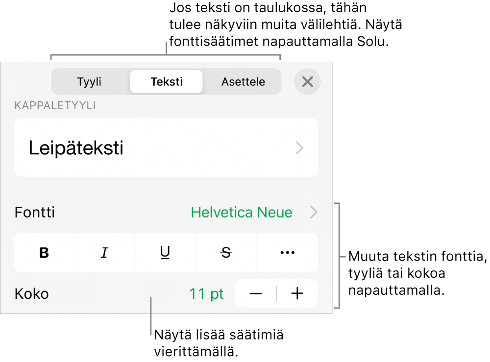 Muoto-valikon tekstisäätimet kappale- ja merkkityylien, fontin, koon ja värin valitsemista varten.