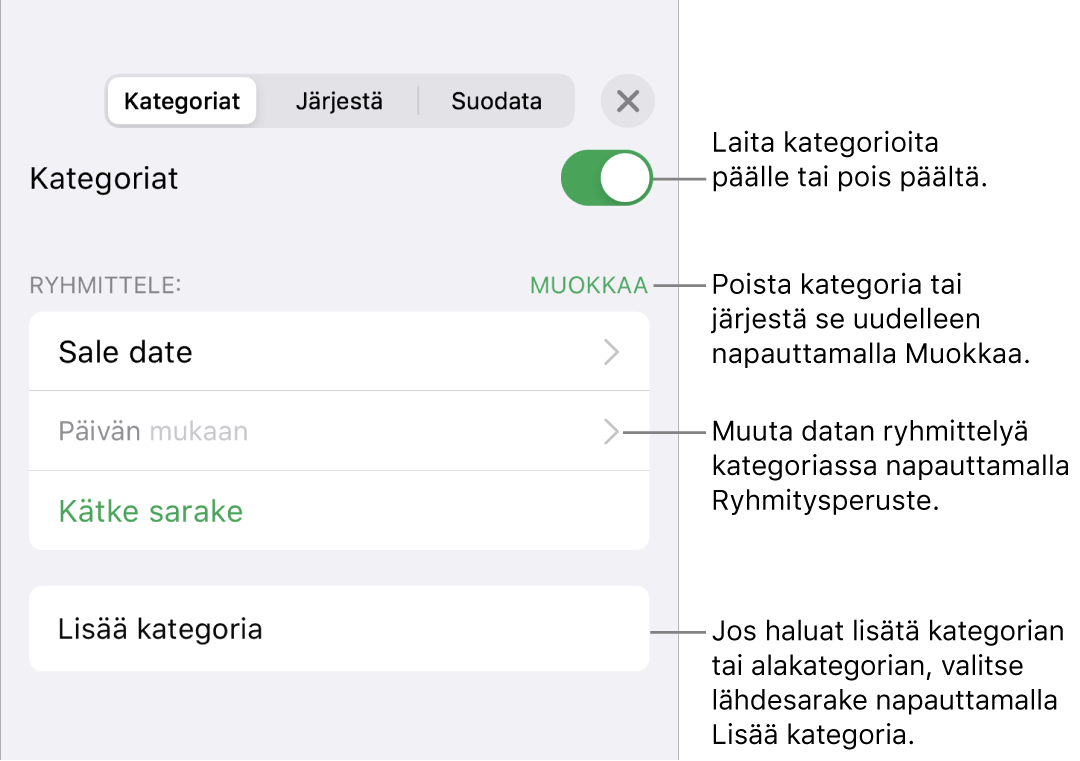 iPhonen kategoriavalikko, joka sisältää valinnat kategorioiden laittamiseksi pois päältä ja poistamiseksi, datan ryhmittämiseksi uudelleen, lähdesarakkeen kätkemiseksi ja kategorioiden lisäämiseksi.