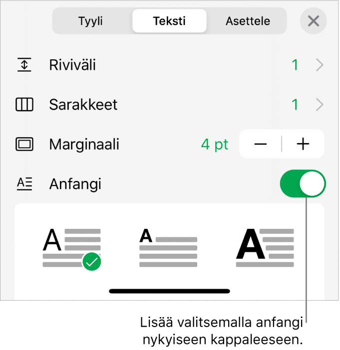 Anfangi-säätimet ovat Teksti-valikon alareunassa.