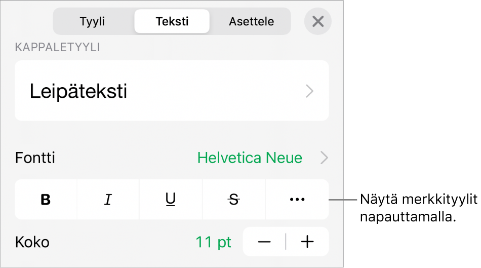 Muoto-säätimet, joiden yläreunassa on kappaletyylit, ja Fontti-säätimet. Fontin alla on seuraavat painikkeet: Lihavointi, Kursivointi, Alleviivaus, Yliviivaus ja Lisää tekstivalintoja.