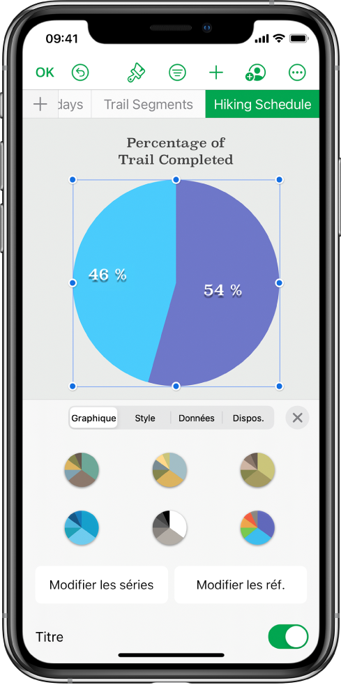 Diagramme circulaire affichant les pourcentages des randonnées terminées. Le menu Format est également ouvert, affichant différents styles de tableaux parmi lesquels choisir, ainsi que l’option de modifier les séries ou les références de graphique et d’activer ou de désactiver le titre du graphique.