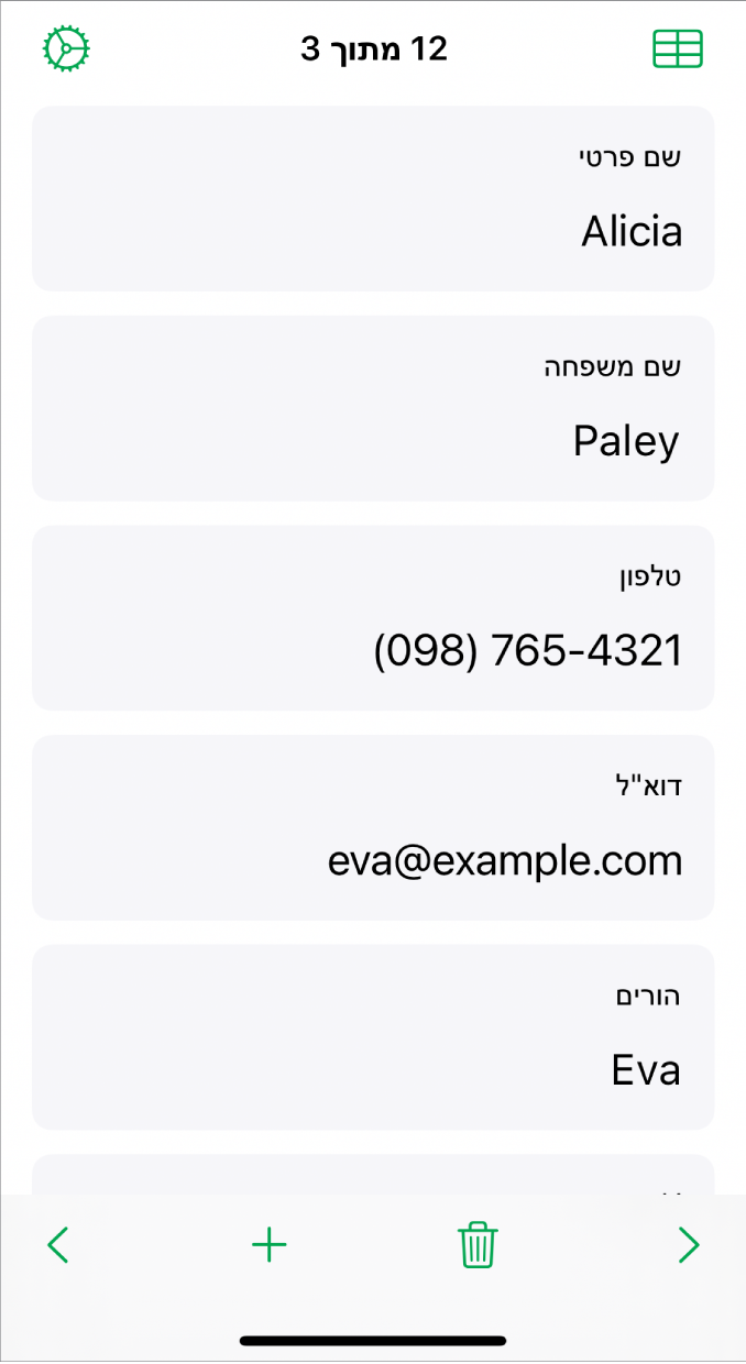 רשומה אחת בטופס עם שדות עבור שם, מספר טלפון, כתובת דוא״ל ועוד. בנוסף, מוצגים כלי בקרה להצגת הטבלה המקושרת, למעבר למצב הגדרת טופס ולמעבר בין רשומות.