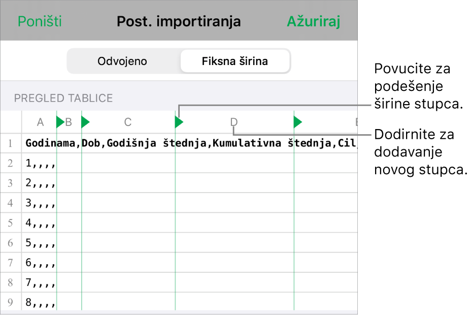 Postavke importiranja za tekstualnu datoteku fiksne širine.