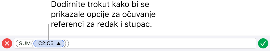 Urednik formula prikazuje kako se može sačuvati reference retka i stupca kad se ćelija kopira ili premjesti.