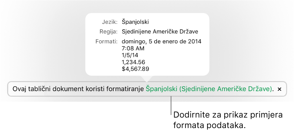 Obavijest o postavci drugog jezika i regije, pokazuje primjere formatiranja na tom jeziku i u toj regiji.