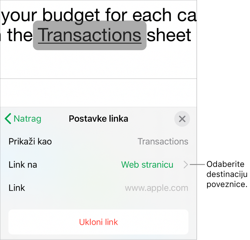 Kontrole Postavke linkova s poljem Prikaži, Link na (odabrana je Web stranica) i Link. Tipka Ukloni link nalazi se pri dnu.