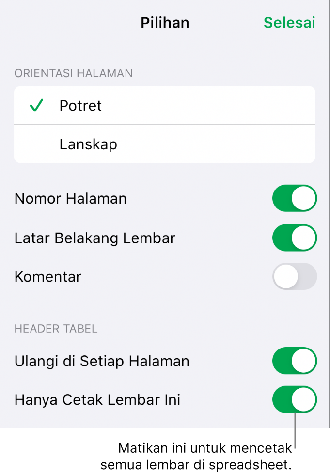 Pilihan pencetakan untuk memilih orientasi halaman, menunjukkan nomor halaman dan header, dan memilih ukuran kertas dan halaman yang akan dicetak.