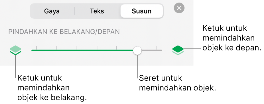 Tombol Pindahkan ke Belakang, tombol Pindahkan ke Depan, dan penggeser lapisan.