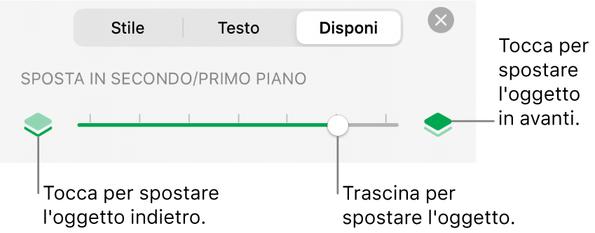 Pulsante sposta indietro, pulsante sposta avanti e cursore livelli.