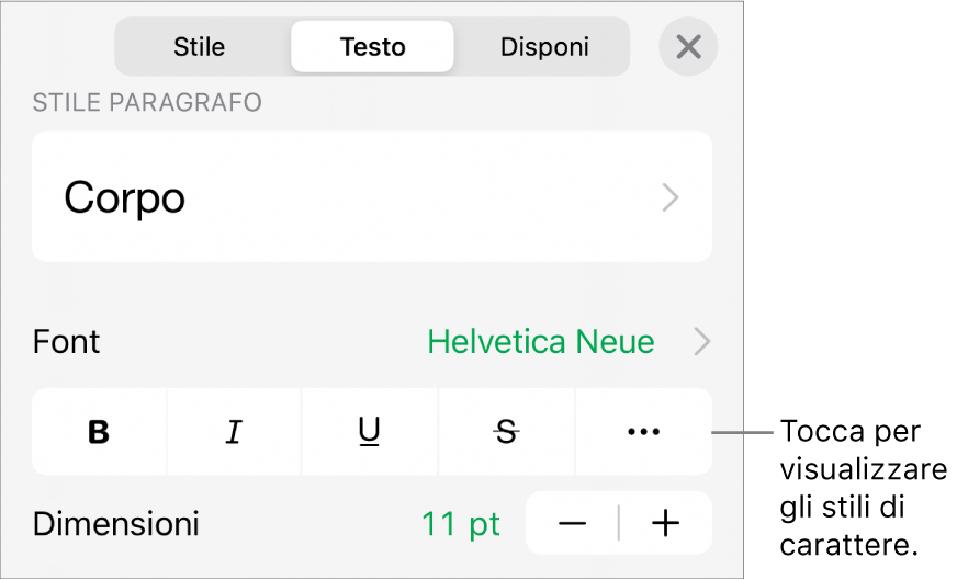 I controlli Formato con gli stili di paragrafo nella parte superiore, quindi i controlli Font. Sotto Font sono presenti i pulsanti Grassetto, Corsivo, Sottolineato, Barrato e “Altre opzioni di testo”.