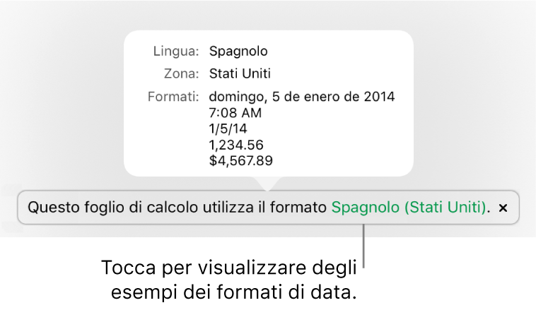 La notifica della diversa impostazione di lingua e zona, con esempi dei formati.