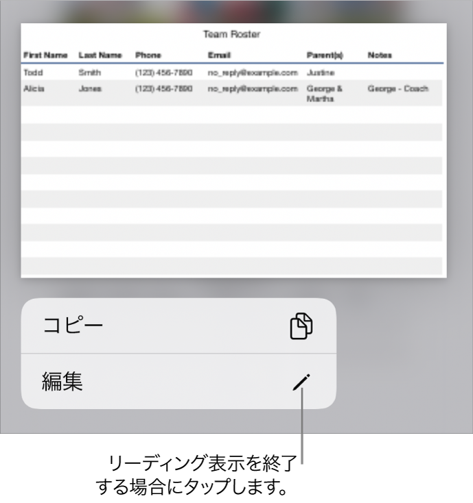 表が選択され、その下のメニューに「コピー」ボタンと「編集」ボタンが表示された状態。