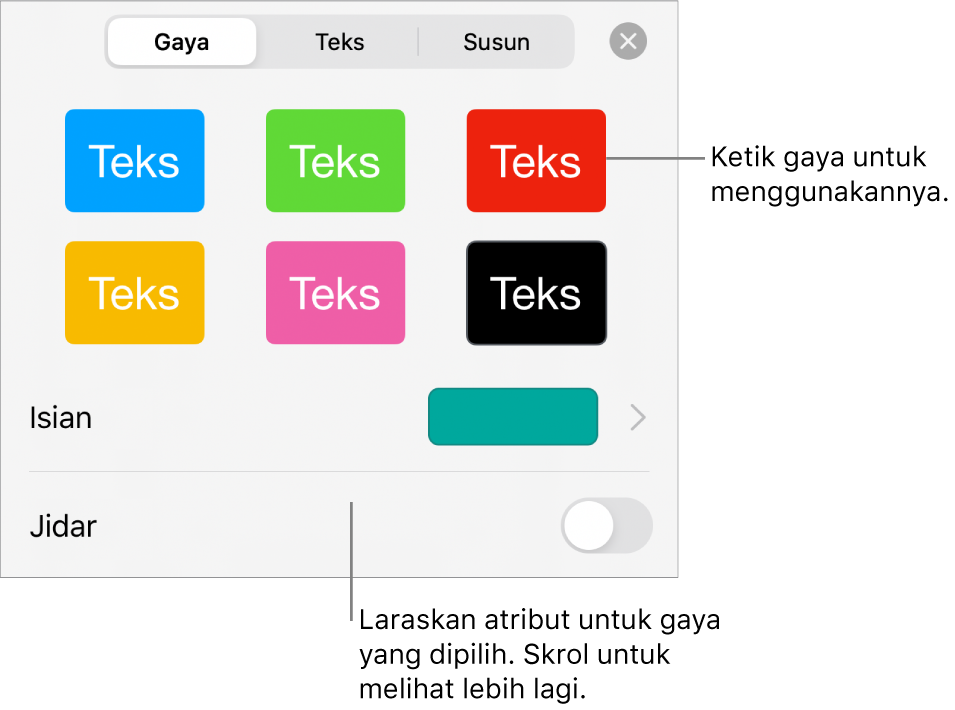 Anak tetingkap Gaya dalam menu Format dengan gaya bentuk bahagian atas dan warna isian di bawahnya.