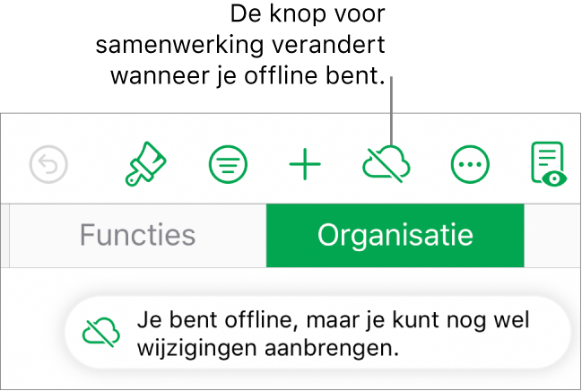 De knoppen boven in het scherm, met de knop voor samenwerken die is veranderd in een wolk met een schuine streep. De volgende melding verschijnt op het scherm: 'Je bent offline, maar je kunt nog wel wijzigingen aanbrengen.'