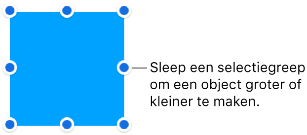 Een object met blauwe stippen op de rand om de grootte van het object aan te passen.