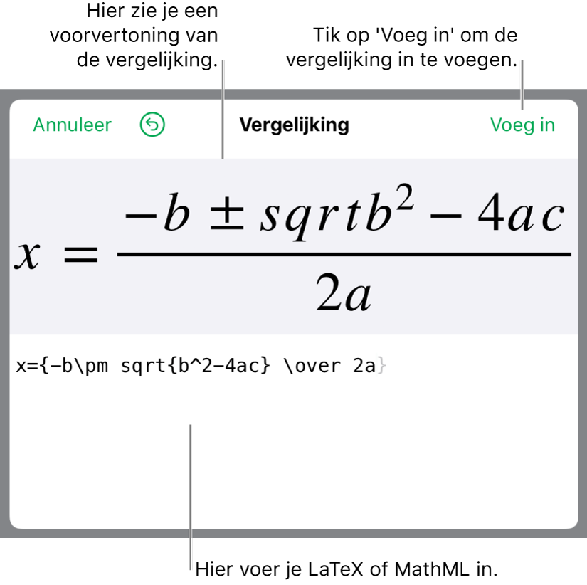 In het veld 'Vergelijking' staat een LaTeX-wortelformule, met daaronder een voorvertoning van de formule.