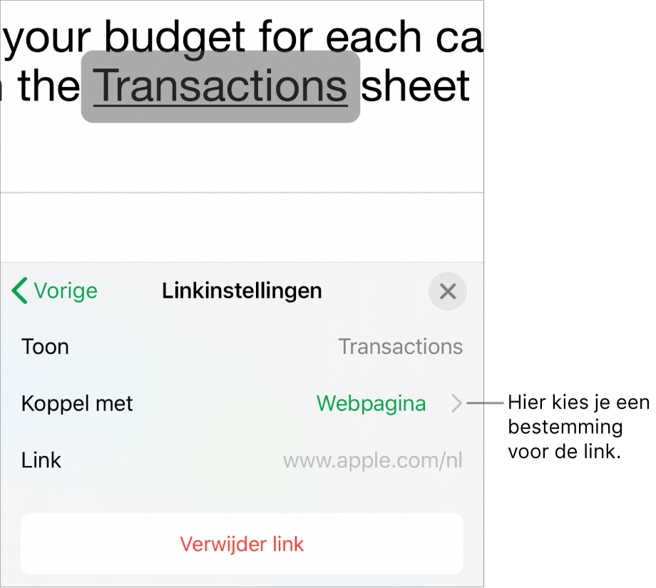 De regelaars voor linkinstellingen met velden voor 'Toon', 'Koppel met' ('Webpagina' is geselecteerd) en 'Link'. Onderaan staat de knop 'Verwijder link'.