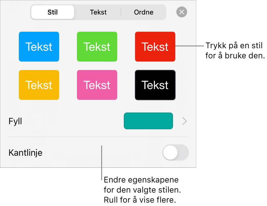 Stil-fanen for Format-knappen, med seks figurstiler og fyllkontrollene nedenfor.