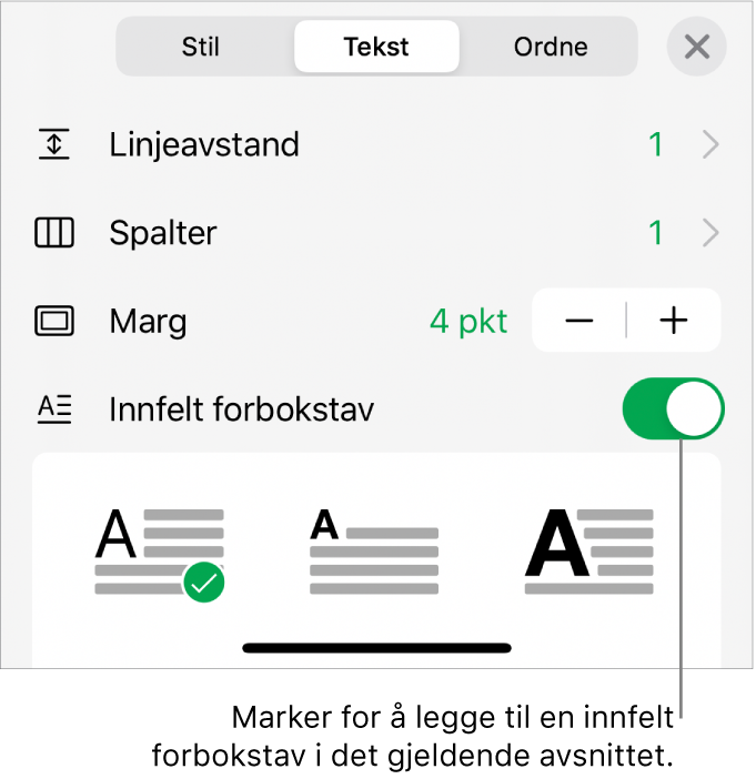 Innfelt forbokstav-kontrollene nederst i Tekst-menyen.