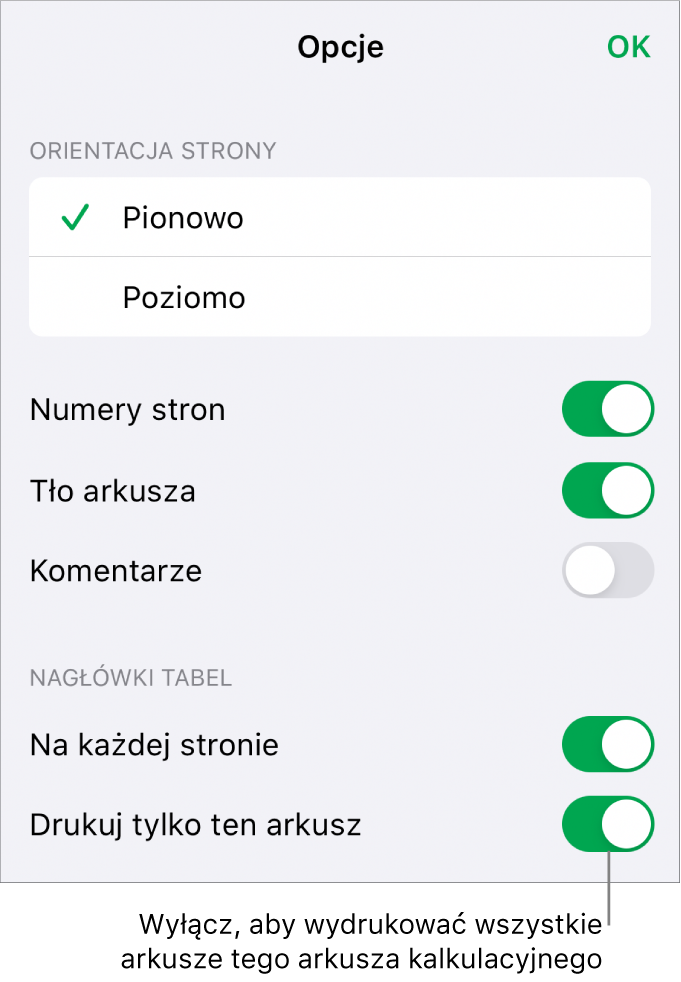 Opcje drukowania, pozwalające wybrać orientację strony, pokazywanie numerów stron, pokazywanie nagłówków, rozmiar papieru oraz które strony mają zostać wydrukowane.