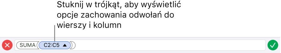 Edytor formuł, pokazujący sposób zachowania odwołań do wiersza i kolumny, gdy komórka jest kopiowana lub przenoszona.