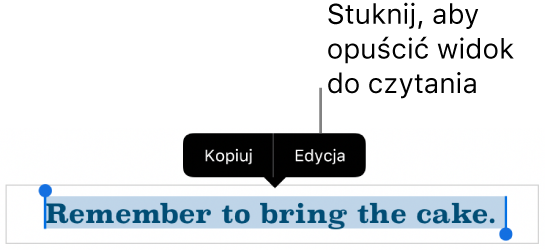 Zaznaczone zdanie z widocznym powyżej niego menu kontekstowym zawierającym przyciski Kopiuj oraz Edycja.