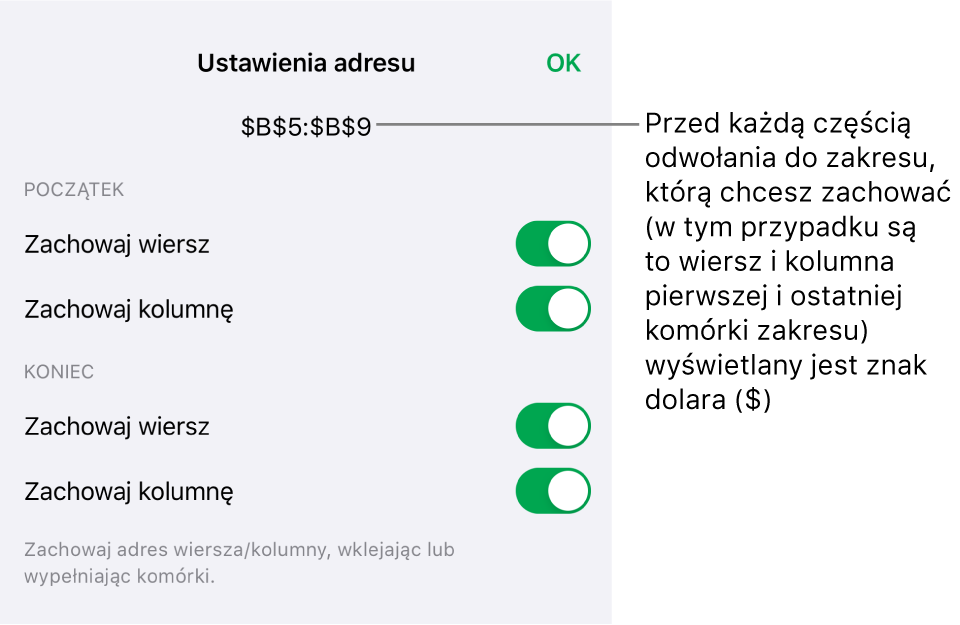 Narzędzia pozwalające na ustawienie, które z odwołań do wiersza i kolumny mają być zachowywane podczas przenoszenia lub kopiowania komórki. Przed każdą częścią odwołania, która ma być zachowywana, widoczny jest znak dolara.