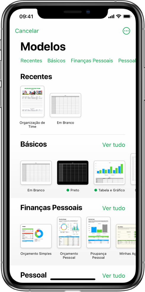 Seletor de modelos, mostrando uma linha de categorias na parte superior na qual você pode tocar para filtrar as opções. Abaixo estão miniaturas de modelos predefinidos organizadas em linhas por categoria, começando com Recentes na parte superior e seguidas por Básico e Finanças Pessoais. O botão Ver Tudo aparece acima e à direita de cada linha de categoria. O botão Idioma e Região está no canto superior direito.
