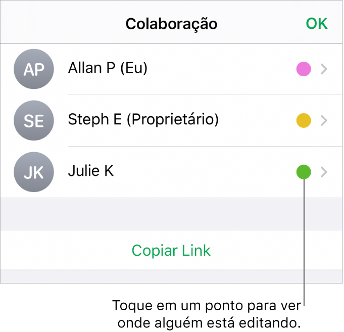 Lista de participantes com três participantes e um ponto colorido diferente à direita de cada nome.