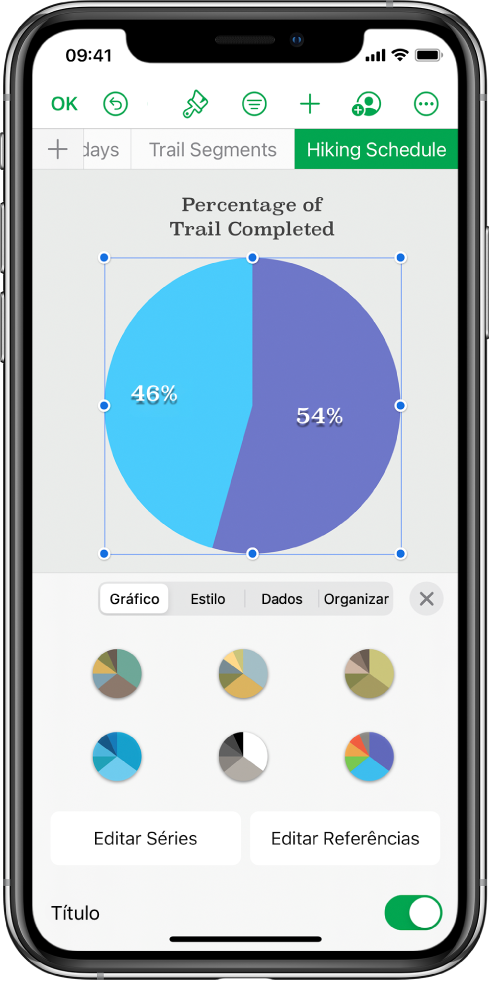 Gráfico de pizza mostrando porcentagens de trilhas concluídas. O menu Formatar também está aberto, mostrando diversos estilos de gráficos dentre os quais escolher, além de opções para editar as referências de série ou gráfico e ativar ou desativar o título do gráfico.