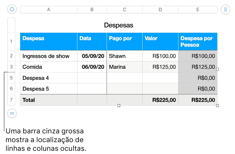 Um barra cinza espessa que mostra a localização de linhas e colunas ocultas