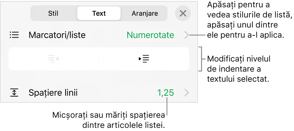 Secțiunea Marcatori/liste din comenzile Format cu explicații pentru Marcatori/liste, butoanele de indentare și indentare exterioară, precum și comenzile pentru spațierea liniilor.