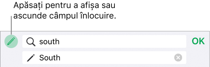 Comenzi pentru găsirea și înlocuirea textului.