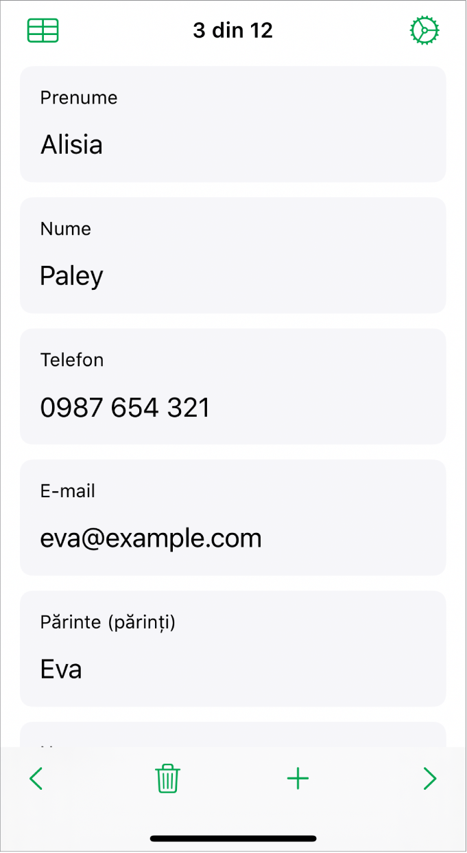 O înregistrare dintr-un formular având câmpuri pentru nume, număr de telefon, adresă de e-mail și altele. De asemenea, sunt afișate comenzi pentru vizualizarea tabelului asociat, modul de configurare a formularului și comutarea dintre înregistrări.