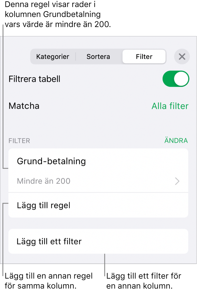 Reglage för att lägga till nya filtreringsregler eller redigera befintliga.