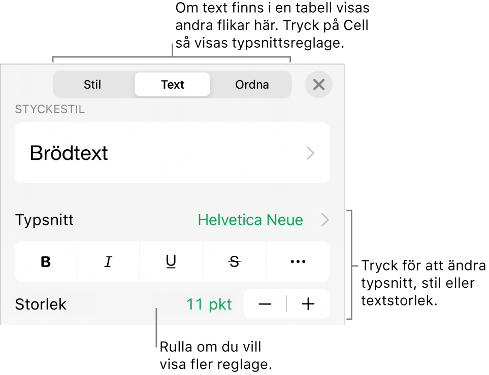 Textreglage i menyn Format för att ställa in stycke- och teckenstilar, typsnitt, storlek och färg.