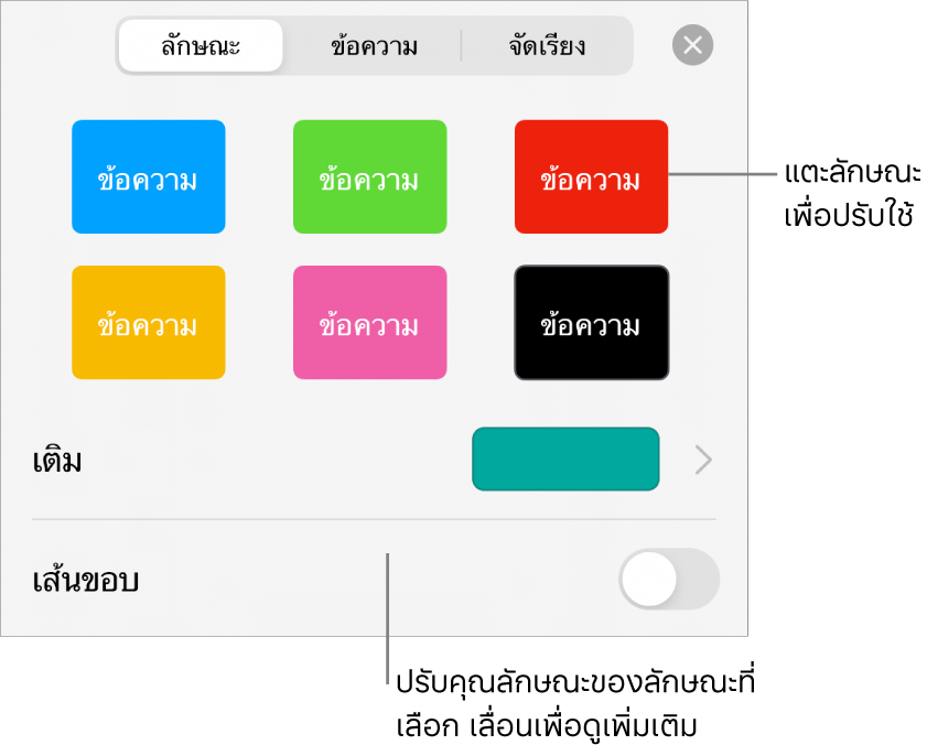 แถบลักษณะของเมนูรูปแบบที่มีลักษณะรูปร่างอยู่ด้านบนสุดและช่องสีเติมอยู่ด้านล่าง