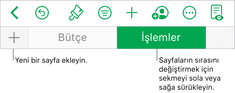 Yeni sayfa ekleme, sayfalar arasında dolaşma, sayfaların sırasını değiştirme ve sayfaları yeniden düzenleme için sekme çubuğu.