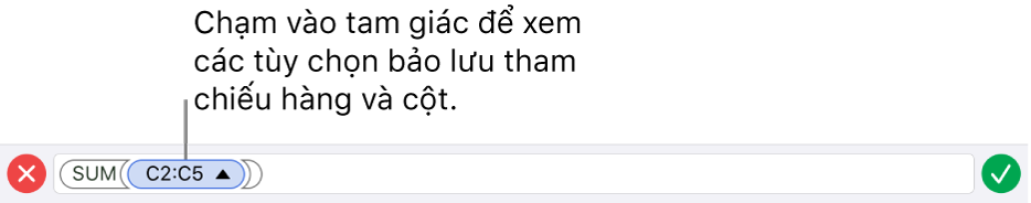 Trình sửa Công thức hiển thị cách bảo lưu tham chiếu hàng và cột khi ô được sao chép hoặc di chuyển.