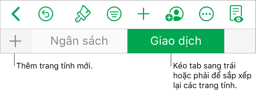 Thanh tab để thêm trang tính mới, điều hướng, sắp xếp lại vị trí và tổ chức lại trang tính.