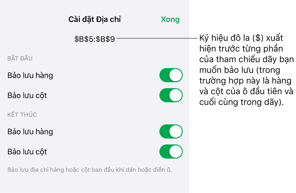 Các điều khiển để chỉ định tham chiếu nào trong các tham chiếu hàng và cột của ô nên được bảo lưu nếu ô được di chuyển hoặc sao chép. Ký hiệu đô la xuất hiện trước từng phần của tham chiếu vùng bạn muốn bảo lưu.