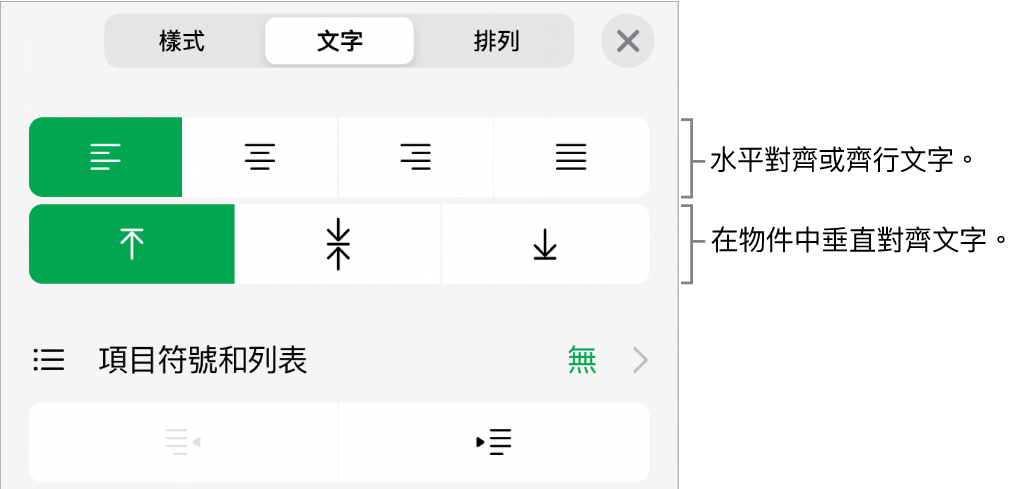 「格式」檢閱器的「佈局」部分，說明文字指向文字對齊方式和間距按鈕。