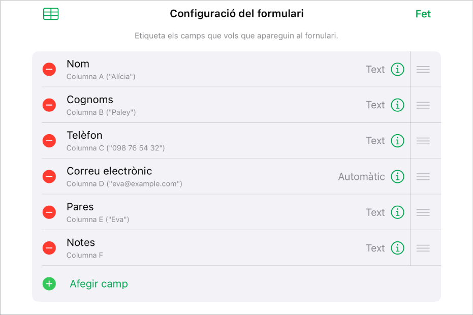 Mode de configuració del formulari, en què es mostren opcions per afegir, editar, reordenar i eliminar camps, així com per canviar el format dels camps (com ara de Text a Percentatge).