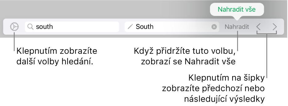 Ovládací prvky pro hledání a nahrazování textu