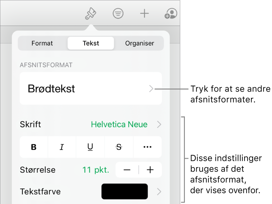 Menuen Format, der viser betjeningsmuligheder til tekst til indstilling af afsnits- og tegnformater, skrift, størrelse og farve.