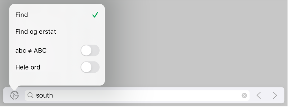 Søgemenuen med Søg, Søg og erstat, abc ≠ ABC og Hele ord.