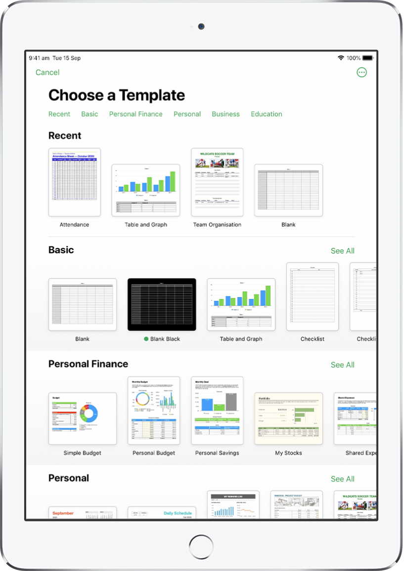 The template chooser, showing a row of categories across the top that you can tap to filter the options. Below are thumbnails of predesigned templates arranged in rows by category, starting with Recent at the top and followed by Basic and Personal Finance. A See All button appears above and to the right of each category row. The Language and Region button is in the top-right corner.