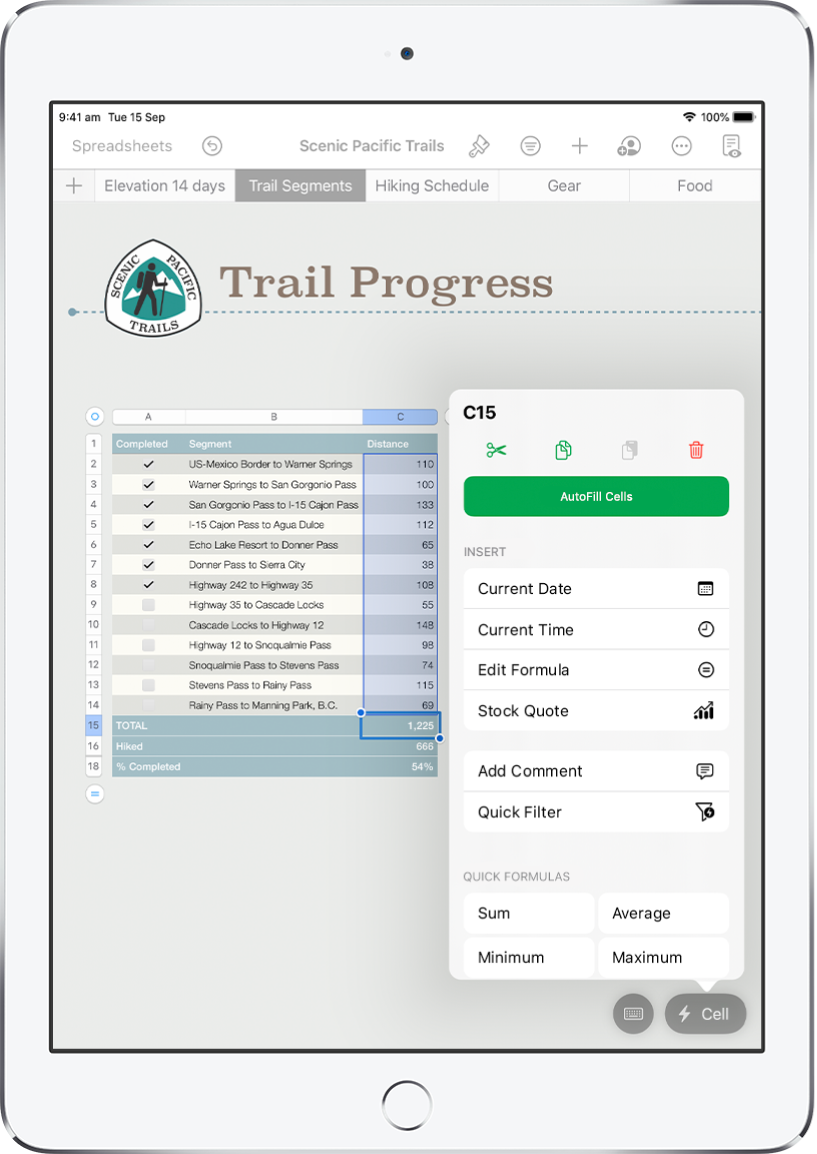 A spreadsheet showing a table of tracks hiked and the distance of each track. The Cell Action menu is open, showing options to add formulas, dates, comments and filters.