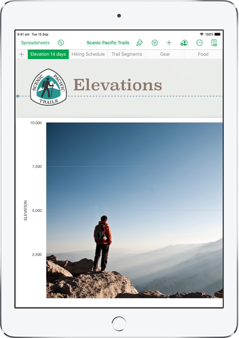 A spreadsheet tracking hiking information, showing sheet names near the top of the screen. The Add Sheet button is on the left, followed by sheet tabs for Elevation, Hiking Schedule, Track Segments, Gear and Food.