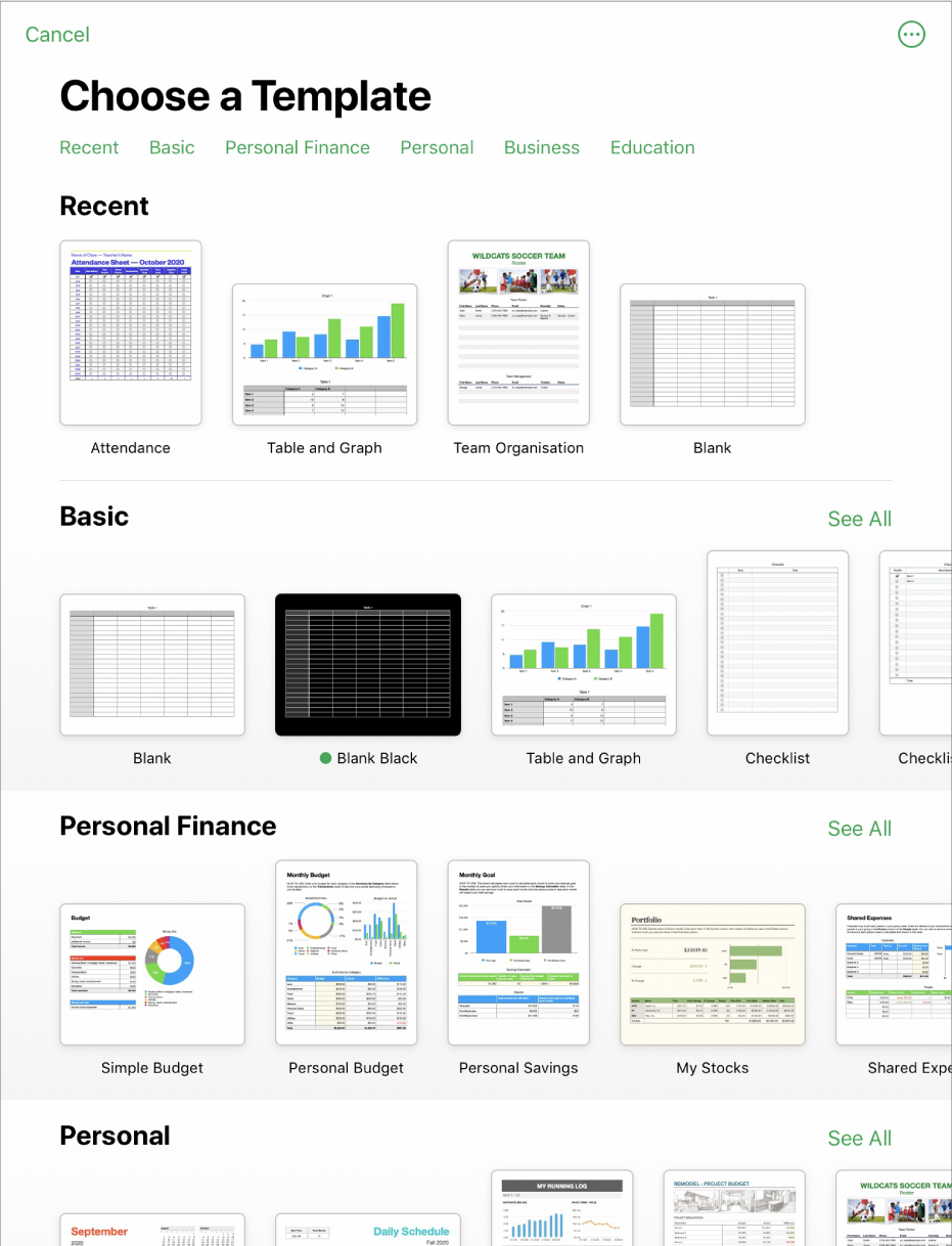 The template chooser, showing a row of categories across the top that you can tap to filter the options. Below are thumbnails of predesigned templates arranged in rows by category, starting with Recent at the top and followed by Basic and Personal Finance. A See All button appears above and to the right of each category row. The Language and Region button is in the top-right corner.